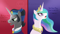 Size: 800x453 | Tagged: safe, artist:okamiiaoi, idw, king sombra, princess celestia, alicorn, pony, unicorn, spoiler:comic, celestibra, female, good king sombra, male, mirror universe, scene interpretation, shipping, straight, watermark