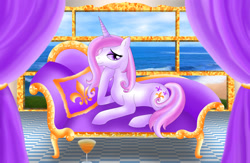 Size: 2220x1450 | Tagged: safe, artist:rose-beuty, derpibooru import, fleur-de-lis, ocean, prone, sofa, solo