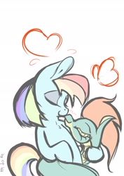 Size: 1254x1771 | Tagged: safe, derpibooru import, rainbow dash, tianhuo, longma, pegasus, pony, them's fightin' herds, boop, community related, crossover, crossover shipping, eyes closed, female, heart, interspecies, kissing, lesbian, mare, noseboop, shipping, simple background, smiling, tiandash