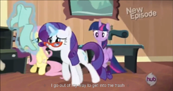 Size: 1152x607 | Tagged: safe, derpibooru import, screencap, fluttershy, rarity, twilight sparkle, twilight sparkle (alicorn), alicorn, pegasus, pony, unicorn, rarity takes manehattan, female, mare, meme, youtube caption