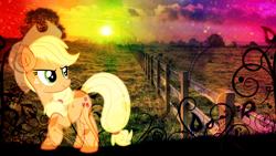 Size: 1920x1080 | Tagged: safe, artist:fureox, artist:ricepoison, applejack, earth pony, pony, female, fence, field, mare, nuclear, solo, tree, vector, wallpaper