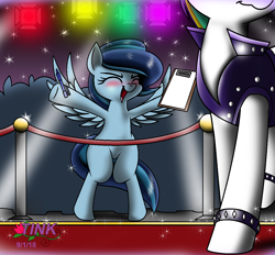 Size: 1116x1036 | Tagged: safe, artist:pencil bolt, rarity, oc, pegasus, pony, unicorn, alternate hairstyle, bipedal, blushing, carpet, clipboard, eyes closed, female, pen, punk, raripunk, red carpet, solo focus