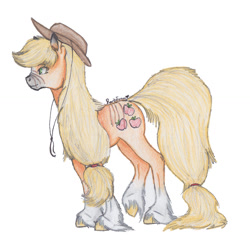 Size: 1024x1015 | Tagged: safe, artist:rarityforever, applejack, earth pony, pony, scar, simple background, solo, traditional art, unshorn fetlocks