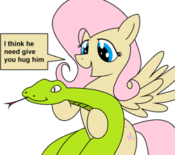 Size: 816x724 | Tagged: safe, artist:pencil bolt, fluttershy, pegasus, pony, snake, grammar error, hug, leona, pony hugs, tree, wat