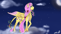 Size: 1024x579 | Tagged: safe, artist:deviousfate, artist:mrscurlystyles, fluttershy, pegasus, pony, collaboration, solo, tail, unshorn fetlocks