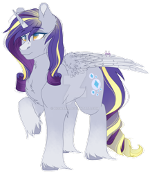 Size: 1024x1179 | Tagged: safe, artist:keeharn, derpy hooves, rarity, pony, chest fluff, commission, commissioner:bigonionbean, cross-eyed, cute, cutie mark fusion, deviantart watermark, ear fluff, eyebrows, eyelashes, feathering, female, fusion, mare, not an alicorn, obtrusive watermark, raised hoof, smiling, solo, watermark