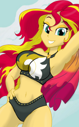 Size: 1200x1920 | Tagged: safe, artist:theroyalprincesses, sunset shimmer, better together, equestria girls, armpits, belly button, bikini, black swimsuit, breasts, clothes, cutie mark swimsuit, female, grin, jeweled swimsuit, midriff, sexy, smiling, solo, stupid sexy sunset shimmer, summer sunset, sunset jiggler, swimsuit