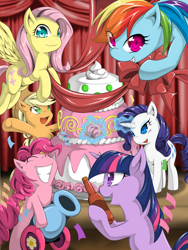 Size: 6000x8000 | Tagged: safe, artist:zaiyaki, derpibooru import, applejack, fluttershy, pinkie pie, rainbow dash, rarity, twilight sparkle, earth pony, pegasus, pony, unicorn, absurd resolution, cake, mane six, party cannon