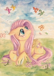 Size: 1059x1500 | Tagged: safe, artist:shelenka, fluttershy, bird, butterfly, pegasus, pony, cute, lying down, solo, traditional art