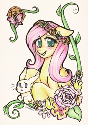 Size: 1000x1423 | Tagged: safe, artist:sulphuris, angel bunny, fluttershy, pegasus, pony, flower, traditional art