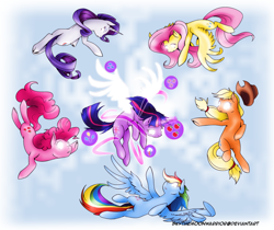 Size: 1024x862 | Tagged: safe, artist:fly-sky-high, derpibooru import, applejack, fluttershy, pinkie pie, rainbow dash, rarity, twilight sparkle, twilight sparkle (alicorn), alicorn, earth pony, pegasus, pony, unicorn, magical mystery cure, apotheosis, ascension, female, glowing eyes, mane six, mare, swapped cutie marks