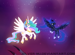 Size: 740x549 | Tagged: safe, artist:silver-wingx, princess celestia, princess luna, alicorn, pony, claws, floppy ears, flying, moon, wide eyes