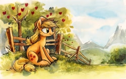 Size: 800x504 | Tagged: safe, artist:kenket, artist:spainfischer, applejack, earth pony, pony, fence, orchard, outdoors, sitting, solo