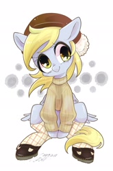 Size: 1352x2048 | Tagged: safe, artist:bbtasu, derpy hooves, pegasus, pony, clothes, cute, derpabetes, female, hat, mare, shoes, smiling, socks, solo, sweater