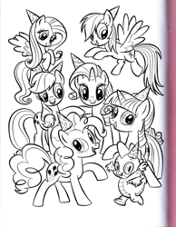 Size: 2552x3296 | Tagged: safe, artist:kwark85, derpibooru import, applejack, fluttershy, pinkie pie, rainbow dash, rarity, spike, twilight sparkle, dragon, earth pony, pegasus, pony, unicorn, coloring book, hat, mane seven, mane six, party hat