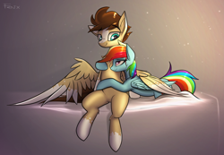 Size: 3703x2565 | Tagged: safe, artist:fenixdust, derpibooru import, rainbow dash, oc, oc:skittle, pegasus, pony, canon x oc, cuddling, cute, female, male, skidash, smiling, straight