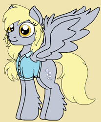 Size: 732x884 | Tagged: safe, artist:rosefang16, derpy hooves, pegasus, pony, alternate hairstyle, alternate universe, bubble, clothes, cute, cutie mark, derpabetes, female, leg fluff, mare, polo shirt, shirt, simple background, solo, wing fluff, yellow background