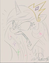 Size: 1273x1638 | Tagged: safe, artist:andypriceart, princess celestia, alicorn, pony, angry, monochrome, solo, traditional art