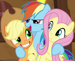 Size: 850x690 | Tagged: safe, derpibooru import, screencap, applejack, fluttershy, rainbow dash, earth pony, pegasus, pony, yakity-sax, cropped, female, rainbow dash gets all the mares, smiling, trio