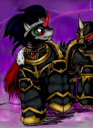 Size: 2200x3000 | Tagged: safe, artist:bloodkiaser923, derpibooru import, king sombra, pony, unicorn, armor, black legion, chaos space marine, crossover, male, power armor, purple background, simple background, space marine, stallion, warhammer (game), warhammer 40k