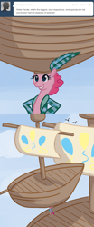 Size: 500x1200 | Tagged: safe, artist:alipes, pinkie pie, earth pony, pony, ask, ask pinkie pierate, bipedal, clothes, comic, female, hat, mare, pirate, ship, solo, tumblr