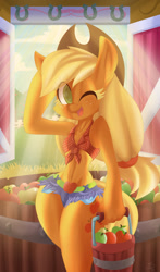 Size: 1000x1704 | Tagged: safe, artist:falleninthedark, applejack, anthro, apple, applebucking thighs, barn, belly button, breasts, bucket, clothes, cute, daisy dukes, delicious flat chest, female, front knot midriff, jackabetes, looking at you, midriff, open mouth, shorts, smiling, solo, wink