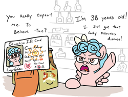 Size: 1152x870 | Tagged: safe, artist:jargon scott, autumn blaze, cozy glow, pegasus, pony, alcohol, andy milonakis, beer bottle, blatant lies, crystal skull vodka, dialogue, fake id, female, hoof hold, id card, identification card, kirin beer, liquor, mare, offscreen character, open mouth, smol, solo focus