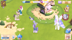 Size: 1280x720 | Tagged: safe, screencap, colter sobchak, limestone pie, marble pie, maud pie, princess celestia, alicorn, pony, game, gameloft, gameloft shenanigans, time paradox