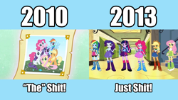 Size: 1280x720 | Tagged: safe, artist:kwark85, derpibooru import, edit, edited screencap, screencap, applejack, fluttershy, pinkie pie, rainbow dash, rarity, twilight sparkle, equestria girls, background pony strikes again, caption, comparison, drama, eqg promo pose set, equestria girls drama, humane six, image macro, mane six, mane six opening poses, meme, op is a cuck, op is trying to start shit, opinion, the duck goes kwark, vulgar, whining