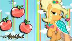 Size: 900x506 | Tagged: safe, artist:anthonydash, applejack, earth pony, pony, rainbow falls, applejewel, cutie mark, female, heart, mare, solo, vector, wallpaper