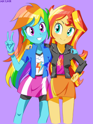 Size: 1200x1600 | Tagged: safe, artist:tastyrainbow, rainbow dash, sunset shimmer, equestria girls, blushing, clothes, cute, happy, jacket, purple background, simple background