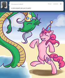 Size: 500x600 | Tagged: safe, artist:alipes, pinkie pie, earth pony, pony, sea serpent, ask, ask pinkie pierate, eyes closed, hat, party hat, tumblr