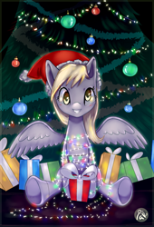 Size: 1359x2000 | Tagged: safe, artist:vexkex, derpy hooves, pegasus, pony, christmas, christmas lights, christmas tree, clothes, cute, derpabetes, female, hat, holiday, mare, present, santa hat, sitting, smiling, solo, tree