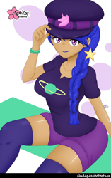 Size: 783x1244 | Tagged: safe, alternate version, artist:clouddg, space camp (character), human, better together, equestria girls, big breasts, breasts, busty frankle, busty space camp, cap, clothes, female, hat, human coloration, looking at you, shorts, signature, smiling, socks, solo, thigh highs, thighs, wide hips, zettai ryouiki