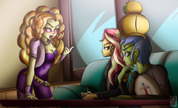 Size: 2800x1700 | Tagged: safe, artist:elmutanto, adagio dazzle, sunset shimmer, oc, oc:rally flag, equestria girls, angry, blushing, cafe, clothes, crown, crown of aphrosia, fingerless gloves, glass, gloves, jewelry, pointing, regalia, sofa