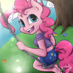 Size: 1024x1024 | Tagged: safe, artist:midnightpremiere, pinkie pie, anthro, plantigrade anthro, barefoot, clothes, cutie mark, feet, midriff, shorts, solo, swing