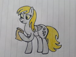 Size: 4128x3096 | Tagged: safe, artist:juani236, derpy hooves, pegasus, pony, happy, letter, lined paper, paper, reading, solo, traditional art