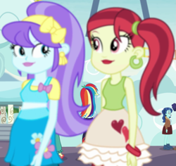 Size: 1107x1046 | Tagged: safe, derpibooru import, screencap, aqua blossom, rainbow dash, rose heart, better together, equestria girls, rollercoaster of friendship, cropped