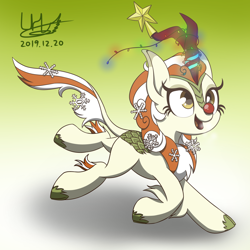 Size: 1600x1600 | Tagged: safe, artist:livehotsun, autumn blaze, kirin, awwtumn blaze, christmas, cute, female, happy, holiday, quadrupedal, red nose, snow, solo, stars, tree