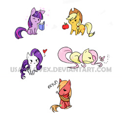 Size: 1178x1176 | Tagged: safe, artist:usagilovex, applejack, big macintosh, fluttershy, rarity, twilight sparkle, butterfly, earth pony, pegasus, pony, unicorn, apple, book, chibi, heart, male, stallion