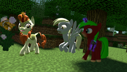 Size: 1920x1080 | Tagged: safe, artist:marianokun, autumn blaze, derpy hooves, oc, oc:marianokun, kirin, pegasus, unicorn, 3d, axe, creeper, flying, group, happy, minecraft, pickaxe, source filmmaker, weapon