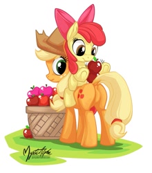 Size: 881x1000 | Tagged: safe, artist:mysticalpha, apple bloom, applejack, earth pony, pony, apple, applejack's hat, braid, cowboy hat, dock, featureless crotch, female, filly, foal, fruit, hat, looking back, mare, plot, ponies riding ponies, raised tail, sisters