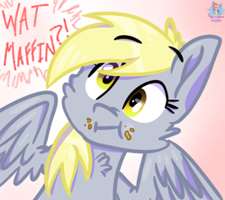 Size: 842x751 | Tagged: safe, artist:rainbow eevee, derpy hooves, crumbs, cute, derp, eyebrows, food, muffin, solo, wat maffin?!