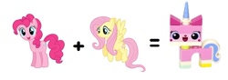 Size: 922x325 | Tagged: safe, fluttershy, pinkie pie, earth pony, pegasus, pony, crossover, lego, math, the lego movie, unikitty