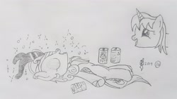 Size: 4032x2268 | Tagged: safe, artist:parclytaxel, autumn blaze, oc, oc:parcly taxel, alicorn, kirin, pony, ain't never had friends like us, albumin flask, alcohol, alicorn oc, beer, beer can, drunk, drunk bubbles, drunk kirin, eyes closed, female, japan, kirin beer, kirin ichiban, lineart, mare, monochrome, on back, osaka, parcly taxel in japan, passed out, pencil drawing, smiling, story included, traditional art