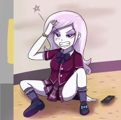 Size: 1024x1014 | Tagged: dead source, safe, artist:sumin6301, derpibooru import, fleur-de-lis, equestria girls, friendship games, annoyed, bowtie, bracelet, broken glass, clothes, crystal prep academy, crystal prep academy uniform, phone, pleated skirt, school uniform, shoes, sitting, skirt, skirt lift, smartphone, socks, solo, spread legs, spreading, stars, thighs, upskirt denied