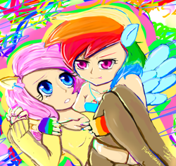 Size: 3941x3700 | Tagged: safe, artist:wendysakana, derpibooru import, fluttershy, rainbow dash, human, carrying, female, flutterdash, humanized, lesbian, nail polish, shipping, tongue out