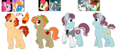 Size: 5249x2257 | Tagged: safe, artist:strawberry-spritz, edit, edited screencap, screencap, apple bumpkin, candy apples, fire streak, pinkie pie, spring skies, oc, pegasus, pony, unicorn, apple family member, art trade, cropped, female, magical lesbian spawn, male, mare, ms paint, offspring, parent:apple bumpkin, parent:candy apples, parent:fire streak, parent:pinkie pie, parent:south pole, parent:spring skies, screencap reference, south pole, stallion