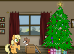 Size: 698x512 | Tagged: safe, artist:graciegirl328, applejack, winona, earth pony, pony, christmas, christmas presents, christmas tree, female, filly, filly applejack, hearth's warming, holiday, present, puppy, tree, younger