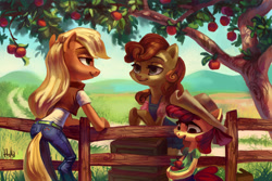 Size: 2834x1888 | Tagged: safe, artist:holivi, apple bloom, applejack, carrot top, golden harvest, earth pony, pony, semi-anthro, apple tree, fence, leaning, tree